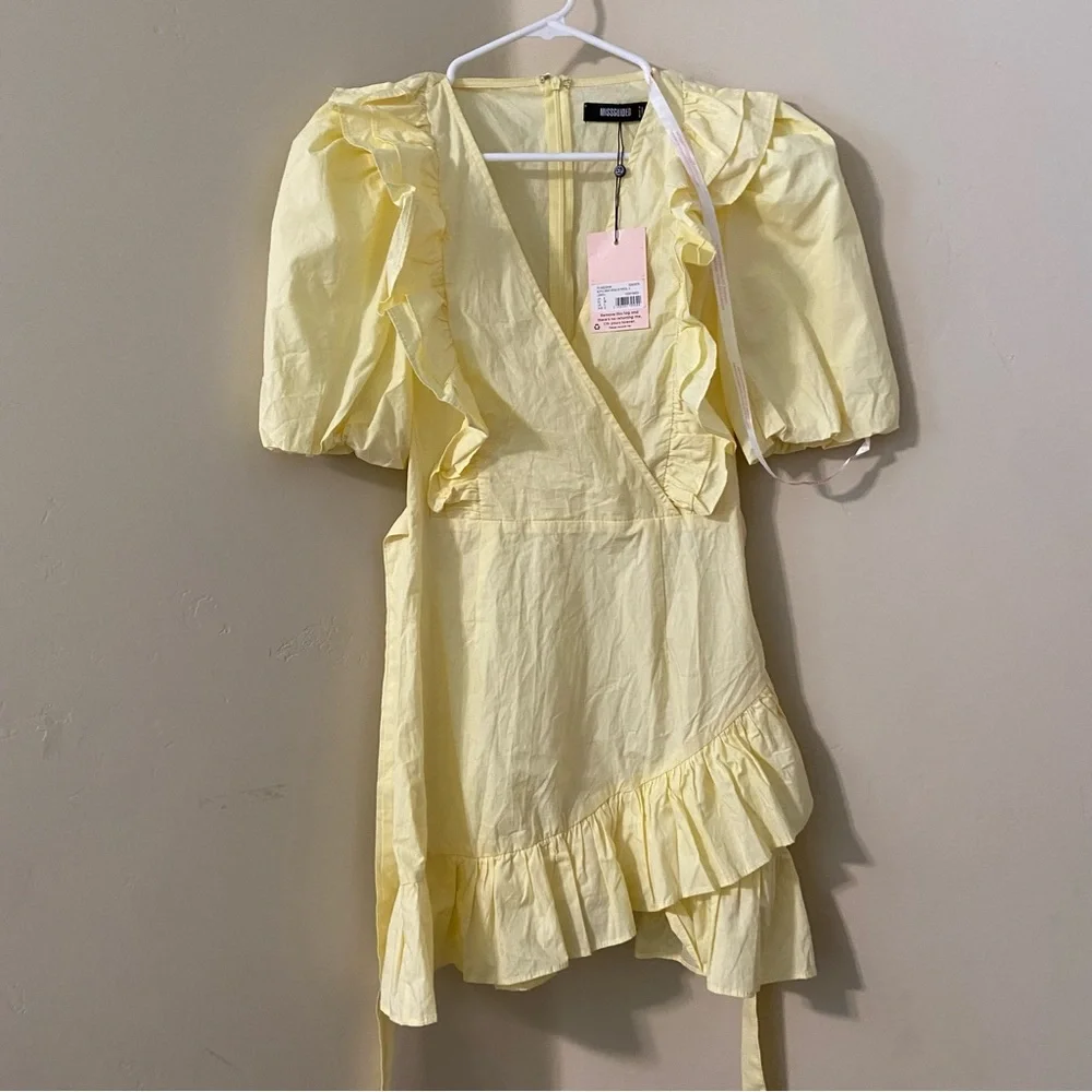 NWT Missguided Ruffle Wrap Poplin Puff Sleeve Plunging V-Neck Dress Lemon Yellow - Picture 6 of 11